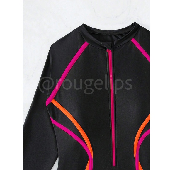 Black with Pink and Orange Piping One Piece Swimsuit Zipper Front Long Sleeve - Picture 3 of 13